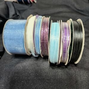 Vintage Assorted Ribbon Set in Blue, Purple, White, and Black 7 Spools